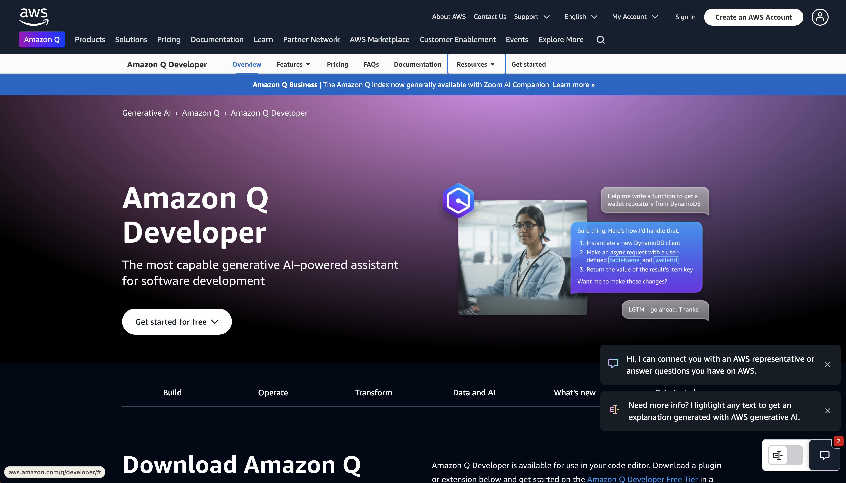Screenshot of Amazon Q Developer chat or suggestions in an IDE